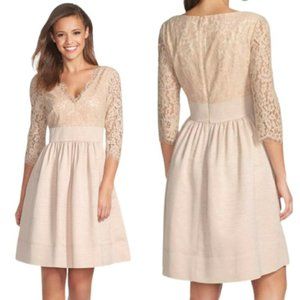 Eliza J Women's Faille Fit & Flare Lace Size 10 Fit 3/4 Sleeve V-Neck Beige